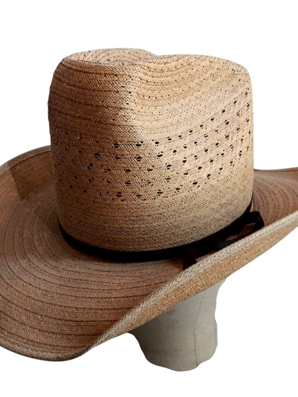 Vintage Cowboy Hat 6 7/8 Straw Western W/ Brown Band Ventilated Crown Natural